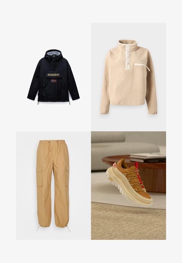 Sort hættejakke fra Napapijri med lynlås foran, en stor lommeklap med mærket navn og et norsk flag mærke nedenunder.; Beige fleecepullover med ståkrave, tre trykknapper og lynlåslomme på brystet med hvid kant.; b.young BYDEMETE - Cargobukser - tiger's eye; Brun og beige vandresko med rød tunge trækkesnor, tyk hvid sål og snørebånd i rebstil, svævende over et vævet beige tæppe indendørs.