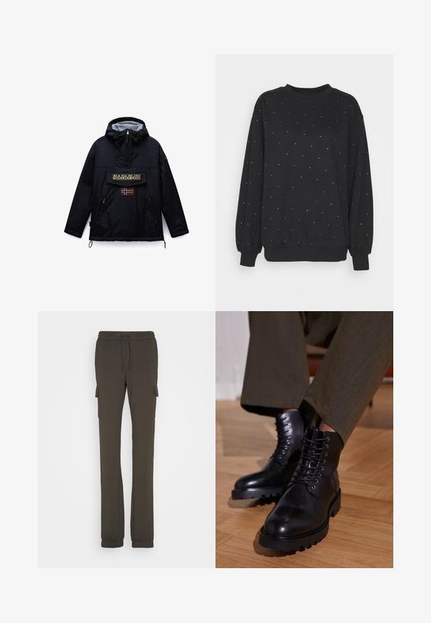 Zwarte Napapijri-jas met capuchon en rits aan de voorkant, een grote klepzak met merknaam en een patch van de Noorse vlag eronder.; Gina Tricot Sweater - offblack; JDY Tall JDYCLEO PANT - Cargobroek - peat; Zwarte leren laarzen met ronde neuzen, zes metalen oogjes en een robuuste rubberen zool. Het ontwerp heeft een gladde textuur en een stevige constructie.