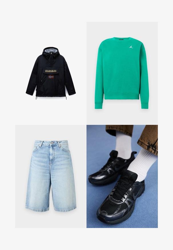 Zwarte Napapijri-jas met capuchon en rits aan de voorkant, een grote klepzak met merknaam en een patch van de Noorse vlag eronder.; Groene sweatshirt van zacht materiaal, met een ronde hals, lange mouwen, geribde manchetten en een klein wit logo op de borst.; Lichtblauwe denim shorts tot op de knie met knoopsluiting aan de voorkant, ritssluiting, riemlussen en vijfzakkenontwerp op een effen achtergrond.; Zwarte Nike sneakers van mesh en synthetisch materiaal, met een gestructureerde bovenzijde, zwarte veters en duurzame rubberen zolen. Witte geribbelde sokken zichtbaar.