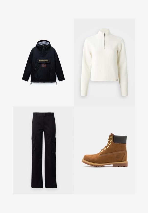 Veste noire à capuche Napapijri avec fermeture éclair frontale, une grande poche à rabat affichant le nom de la marque, et un patch drapeau norvégien en dessous.; Pull-over blanc à col zippé et manches longues. Fabriqué en matériau tricoté doux, avec des poignets et un ourlet côtelés. Logo de la marque subtil à l'ourlet.; Pantalons cargo noirs en tissu durable, avec deux poches latérales et une coupe droite. Texture lisse avec une coupe classique.; Bottine en suede marron avec col rembourré noir, œillets en or, devant à lacets et semelle en caoutchouc avec un motif texturé.