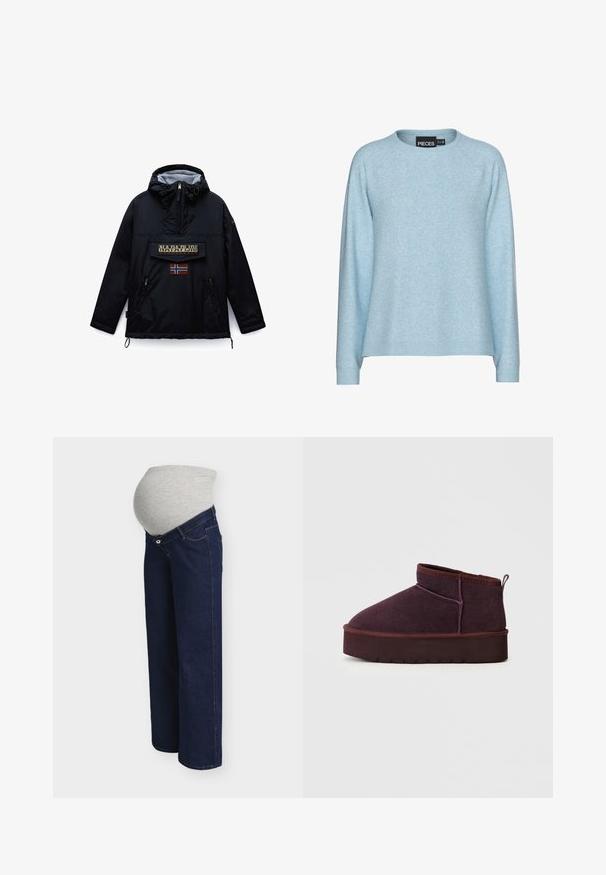 Sort hættejakke fra Napapijri med lynlås foran, en stor lommeklap med mærket navn og et norsk flag mærke nedenunder.; Lyseblå sweater med rund halsudskæring, lange raglanærmer og ribbede manchetter. Fremstillet af blødt materiale med en subtil tekstur.; Mørkeblå graviditetsjeans med en strækbar grå taljebånd designet til at rumme en gravid mave.; Lilla ruskinds ankelstøvle med rund tå, syet detalje og en tyk gummisål; har en pull-tab bagpå for nem påtagning.