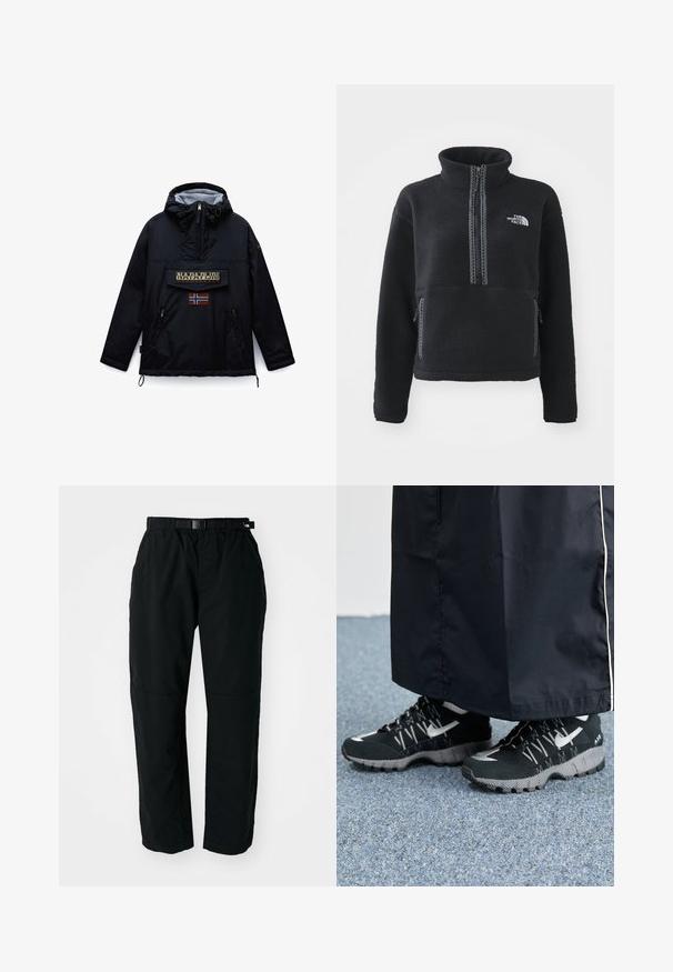 Sort hættejakke fra Napapijri med lynlås foran, en stor lommeklap med mærket navn og et norsk flag mærke nedenunder.; Sort fleecepullover med høj krave, kvartlynlås, frontlomme og kontrastsyninger. Har The North Face-logo på brystet.; Sorte letvægtsbukser med elastisk talje og justerbart bælte. Har tapered ben og forstærkede knæpaneler for holdbarhed.; Sorte sportsko med en struktureret overdel, sølvdetaljer og en mønstret ydersål, parret med et langt sort plagg. Sat mod blå tæpper.