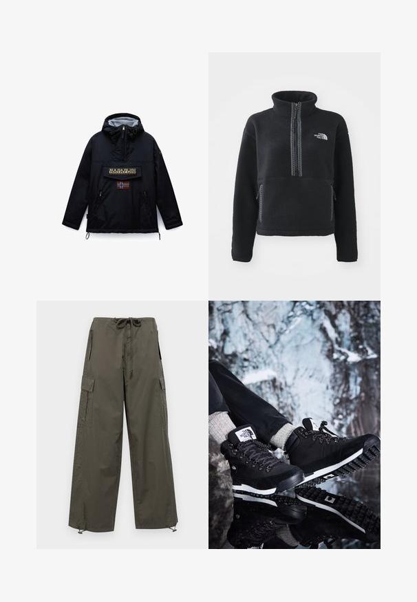 Sort hættejakke fra Napapijri med lynlås foran, en stor lommeklap med mærket navn og et norsk flag mærke nedenunder.; Sort fleecepullover med høj krave, kvartlynlås, frontlomme og kontrastsyninger. Har The North Face-logo på brystet.; Good American PARACHUTE PANT - Cargobukser - olive; Sorte vandrestøvler med overdel i nubuck og tekstil, der har en hvid mellemsål, tekstureret gummisål og sort-hvide snørebånd.