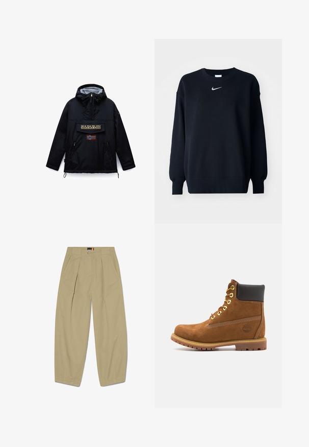 Sort hættejakke fra Napapijri med lynlås foran, en stor lommeklap med mærket navn og et norsk flag mærke nedenunder.; Sort sweatshirt lavet af bomuldsblanding; ribbet rund hals, lange ærmer og elastiske manchetter; har et lille sølvfarvet Nike-logo på brystet.; Beige bukser med høj talje, plisseringer, sidelommer, knappelukning og lynlås samt brede, smalle ben.; Brun ruskinds ankelstøvle med sort polstret krave, gyldne øjer, snørebånd foran og gummisål med et struktureret mønster.