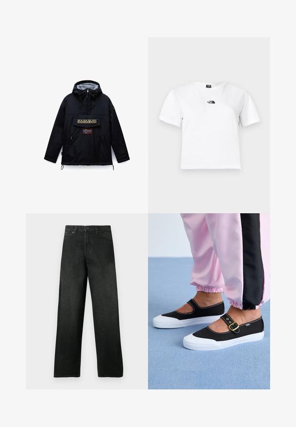 Zwarte Napapijri-jas met capuchon en rits aan de voorkant, een grote klepzak met merknaam en een patch van de Noorse vlag eronder.; Wit katoenen t-shirt met korte mouwen, een ronde hals en een zwart The North Face-logo op de borst. Eenvoudig, onopgesmukt ontwerp.; Zwarte denim jeans met rechte pijpen, voorzakken en lusschachten voor een riem, knoop- en ritssluiting, tentoongesteld tegen een effen achtergrond.; Zwarte canvas schoenen met een witte zool, met een uitgesneden ontwerp en een gouden gespband. Draagt met roze joggingsbroek.