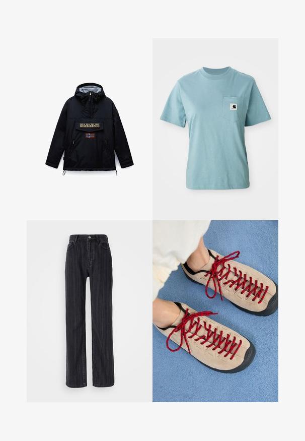 Zwarte Napapijri-jas met capuchon en rits aan de voorkant, een grote klepzak met merknaam en een patch van de Noorse vlag eronder.; Lichtblauw katoenen T-shirt met korte mouwen en een borstzak, voorzien van een klein zwart-wit Carhartt logo patch.; Hoge taille zwarte denim jeans met een verticale streepjespatroon, rechte pasvorm en een metalen knoopsluiting aan de voorkant.; Beige schoenen met rode veters, geplaatst op een blauwe, gestructureerde ondergrond, onthullen gedeeltelijk de enkel van een persoon. De schoenen hebben een sportief ontwerp.