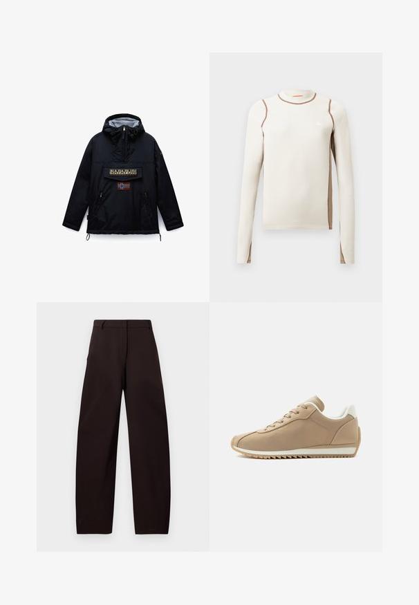 Veste noire à capuche Napapijri avec fermeture éclair frontale, une grande poche à rabat affichant le nom de la marque, et un patch drapeau norvégien en dessous.; Haut beige clair à manches longues avec un design ajusté, une texture côtelée, des coutures brunes contrastées et un petit logo triangulaire blanc sur la poitrine.; Pantalon marron à jambes larges et texture lisse. Dispose d'un devant plat, de passants pour ceinture et de poches latérales pour plus de fonctionnalité.; Baskets beige à lacets avec doublure et semelle blanches, avec le texte doré « MICHAEL KORS » sur le côté et une semelle extérieure en caoutchouc rainurée.