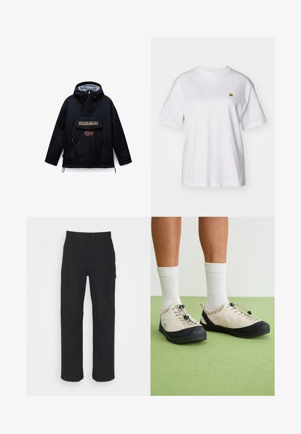 Sort hættejakke fra Napapijri med lynlås foran, en stor lommeklap med mærket navn og et norsk flag mærke nedenunder.; Hvid bomulds-t-shirt med en afslappet pasform, korte ærmer og et lille broderet logo på venstre brystområde.; Sorte bomuldsbukser med lige pasform, knaplukning og bæltestropper. Har et klassisk design uden synlige lommer.; Beige sko med sorte accenter, mesh sidedele og et sikkert snørebånd. Tykk gummisål med mønstret slidbane. Båret med hvide sokker.