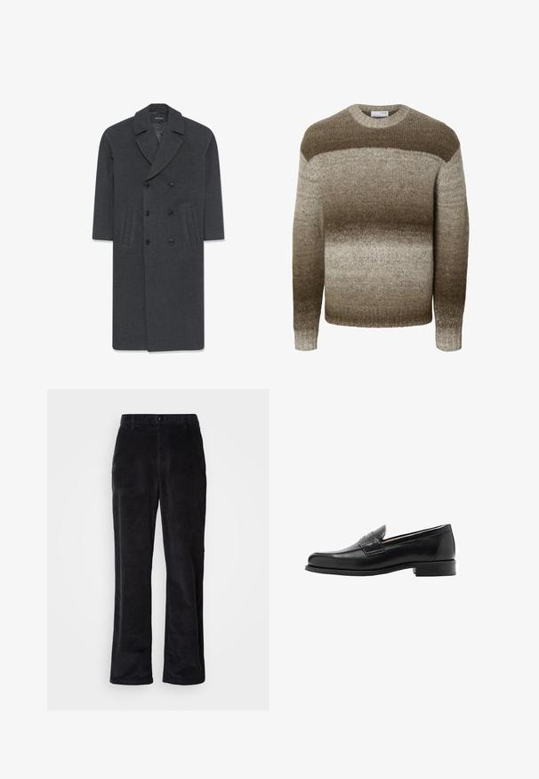 Grå uld dobbeltbrystet frakke med en skrå krave, to frontlommer og knaplukning. Glat tekstur og skræddersyet design.; Langærmet strikket sweater med rund hals med horisontale gradientstriber i nuancer af brun og beige.; Fløjlsbukser i mørk sort med et lige ben-design, der har knaplukning, bæltestropper og sidelommer til funktionel brug.; Sorte loafers i læder med et slankt design, glat tekstur, markante syninger og en lav blokhæl. Ingen synlige metaldele eller pynt.