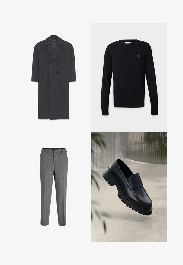 Abrigo gris de lana de doble botonadura con solapa, dos bolsillos frontales y cierre de botones. Textura suave y diseño ajustado.; Jersey negro de manga larga y cuello redondo con un pequeño logo bordado de un pájaro naranja en el pecho izquierdo.; Pantalones de mezcla de lana gris con corte recto, que presentan una parte frontal plana, trabillas para cinturón y un acabado texturizado.; Mocasines de cuero negro con suela gruesa, que presentan una correa decorativa y detalles de costura. Textura suave con un acabado pulido.