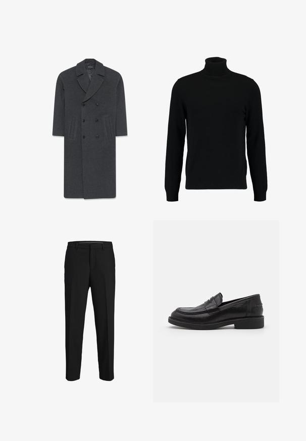 Grå uld dobbeltbrystet frakke med en skrå krave, to frontlommer og knaplukning. Glat tekstur og skræddersyet design.; Sort turtleneck sweater lavet af et blødt strikmateriale. Har lange ærmer, ribbet krave og kant. Enkel, slank design uden mønstre.; Sorte bukser lavet af glat stof, med lige snit, bæltestropper og et fladt frontdesign uden synlige mønstre eller pyntegenstande.; Sorte læder loafers med en rund tå, tonale syninger og en stropdetalje foran. Gummisål med en lav hæl.