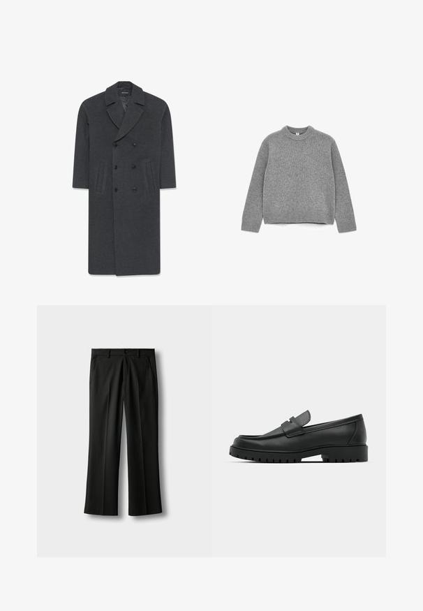 Grå uld dobbeltbrystet frakke med en skrå krave, to frontlommer og knaplukning. Glat tekstur og skræddersyet design.; Grå strikket sweater med rund hals, lange ærmer, ribbede manchetter og kant, samt en blød tekstur.; Sorte skræddersyede bukser med bæltestropper, forreste knap- og lynlåsbeslag, sidelommer og presninger ned langs benene på en lys baggrund.; Sorte læder loafers med rund tå, der har et syet design, lav platformssål og en struktureret, skridsikker gummisål.
