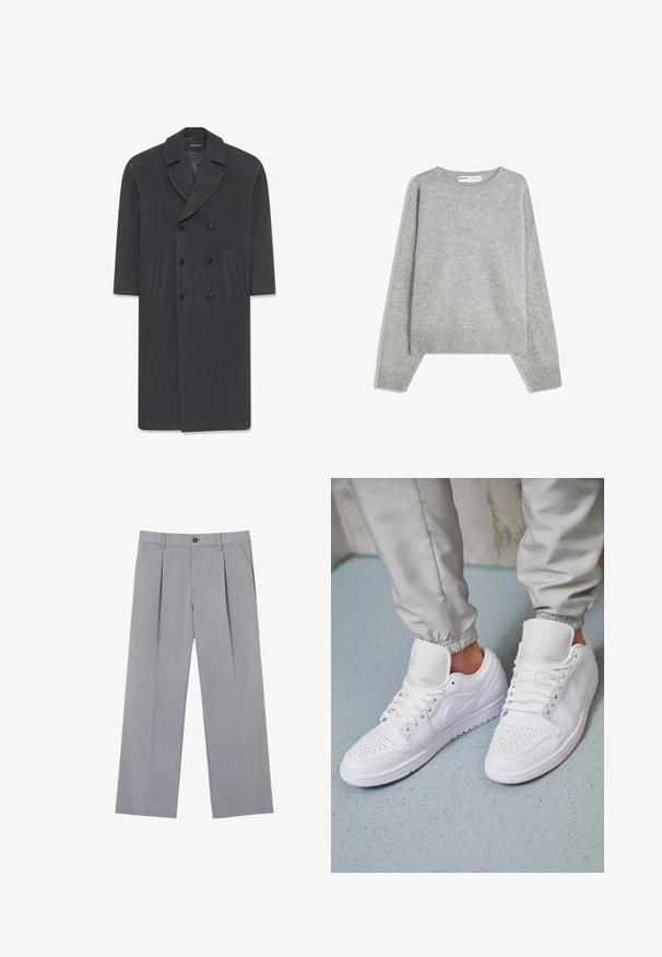 Grau wollener Doppelreiher-Mantel mit einem Reverskragen, zwei vorderen Taschen und Knopfverschluss. Glatte Textur und maßgeschneiderte Design.; Grauer Strickpullover mit Rundhalsausschnitt, Rippbündchen und -saum, mit entspannter Passform und weichem Material.; Grau gefaltete Hose mit entspannter Passform, aus leichtem Stoff gefertigt. Verfügt über Vordertaschen und einen Knopfverschluss an der Taille.; Weiße Ledersneaker mit perforierter Zehenbox, flachen Schnürsenkeln, gepolstertem Kragen und dem Jordan-Logo auf der Zunge. Getragen mit grauen Jogginghosen.