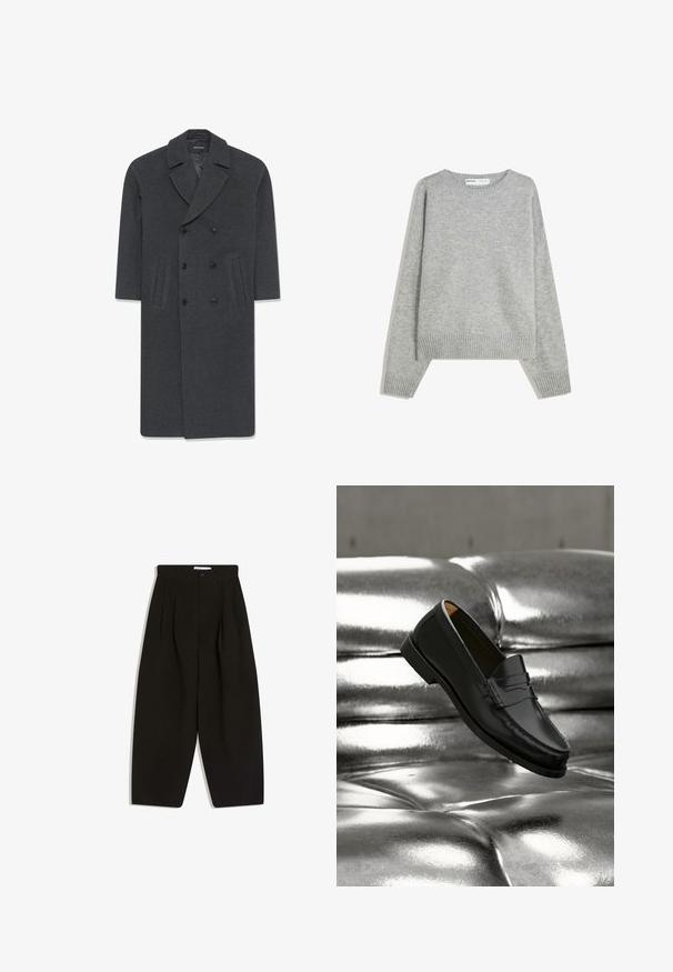 Grå uld dobbeltbrystet frakke med en skrå krave, to frontlommer og knaplukning. Glat tekstur og skræddersyet design.; Grå strikket sweater med rund halsudskæring, ribbede manchetter og kant, med en afslappet pasform og blød tekstur.; Sorte bukser med vide ben lavet af blødt stof, med plisseret front, knaplukning og sidelommer for ekstra funktionalitet.; Sort læderloafer svæver over en skinnende sølvfarvet, polstret lædersofa i et minimalistisk miljø.