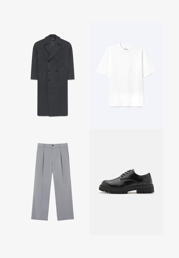 Grå uld dobbeltbrystet frakke med en skrå krave, to frontlommer og knaplukning. Glat tekstur og skræddersyet design.; Enkel hvid T-shirt med korte ærmer og rund hals med afslappet pasform, vist på en lys baggrund.; Grå plisserede bukser med en afslappet pasform, lavet af et letvægtsstof. Har forlommer og en knaplukning i taljen.; Sorte lædersko med rund tå, snørelukning og en tykk, struktureret gummisål. Har syninger langs kanten og en glat overflade.