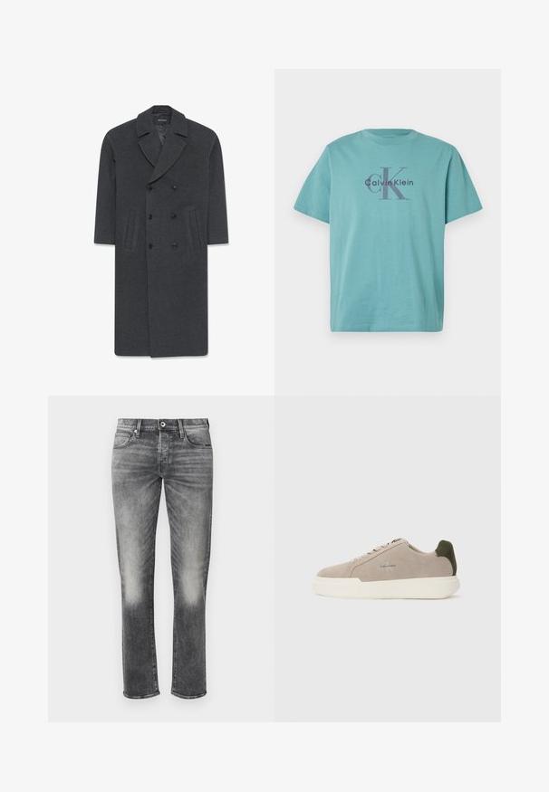 Abrigo gris de lana de doble botonadura con solapa, dos bolsillos frontales y cierre de botones. Textura suave y diseño ajustado.; Camiseta de algodón turquesa con el logo "Calvin Klein" y el emblema "cK" en gris oscuro en el centro. Cuello redondo estándar y mangas cortas.; Vaqueros de mezclilla gris con un diseño de pierna recta, que presentan un ligero desvanecimiento, cinco bolsillos y un cierre de botón. Tejido texturizado con costuras mínimas.; Zapatillas de piel de ante beige con suela de goma blanca, que presentan un acento en el talón de color verde oscuro y un sutil logo en el lateral.