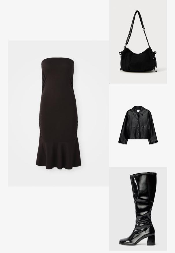 Chaqueta negra recortada de cuero sintético con mangas largas, cuello puntiagudo, cierre de botones y dos bolsillos delanteros con solapa.; Vestido negro sin mangas hecho de tela elástica, con un corsé ajustado y un dobladillo acampanado, con detalles fruncidos en los laterales para añadir textura.; Bota negra brillante de altura hasta la rodilla con tacón cuadrado y puntera redondeada, acabado liso y brillante, con ligero detalle texturizado en el tacón y la parte superior.; Bolso de hombro de pana negra con forma curva, correa ajustable y cierres de cordón en ambos lados para ajustar el tamaño.