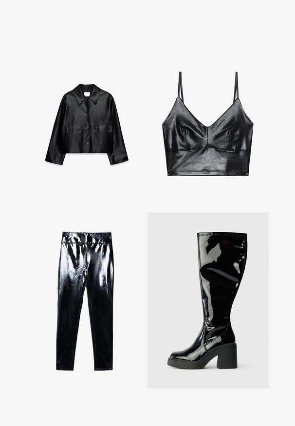 Chaqueta negra recortada de cuero sintético con mangas largas, cuello puntiagudo, cierre de botones y dos bolsillos delanteros con solapa.; Bralette negro y brillante con tirantes delgados ajustables, que presenta un escote en V, textura suave y sutil fruncido en el busto para darle forma.; Leggings negros de alto brillo con una superficie brillante y suave. Cintura elástica y diseño ajustado con forma de pierna cónica.; Botas de charol negras hasta la rodilla con una superficie lisa y brillante, punteras cuadradas y tacones gruesos negros. Detalles de costura a lo largo del costado.