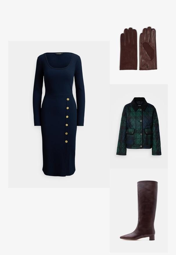 Gepolsterte Jacke in dunklen Grüntönen, mit Kragen, Knopfleiste und zwei Fronttaschen mit Druckknöpfen.; Marineblaues, geripptes Midikleid mit quadratischem Ausschnitt und langen Ärmeln, versehen mit einem seitlichen Knopfdetail mit sechs goldenen Knöpfen.; Hoher brauner Lederstiefel mit spitzer Schuhspitze und niedrigem Blockabsatz, der auf einem schlichten hellen Hintergrund aufrecht steht.; Braune Lederhandschuhe mit einer glatten Oberfläche, Fünf-Finger-Design und einem Ausschnitt am Bund. Weiche Textur mit dezentem Branding.