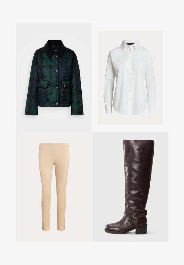 Gepolsterte Jacke in dunklen Grüntönen, mit Kragen, Knopfleiste und zwei Fronttaschen mit Druckknöpfen.; Weißes langärmeliges Hemd mit Knopfleiste, spitzem Kragen und leicht gebogenem Saum.; Beige, figurbetonte, knöchellange Hose mit glatter Oberfläche und ohne sichtbare Taschen oder Verzierungen auf einfarbigem Hintergrund.; Braune Leder-Stiefel über dem Knie mit einer runden Spitze, einem weiten Schaft, einem geschnallten Riemen am Knöchel und einem niedrigen Blockabsatz.