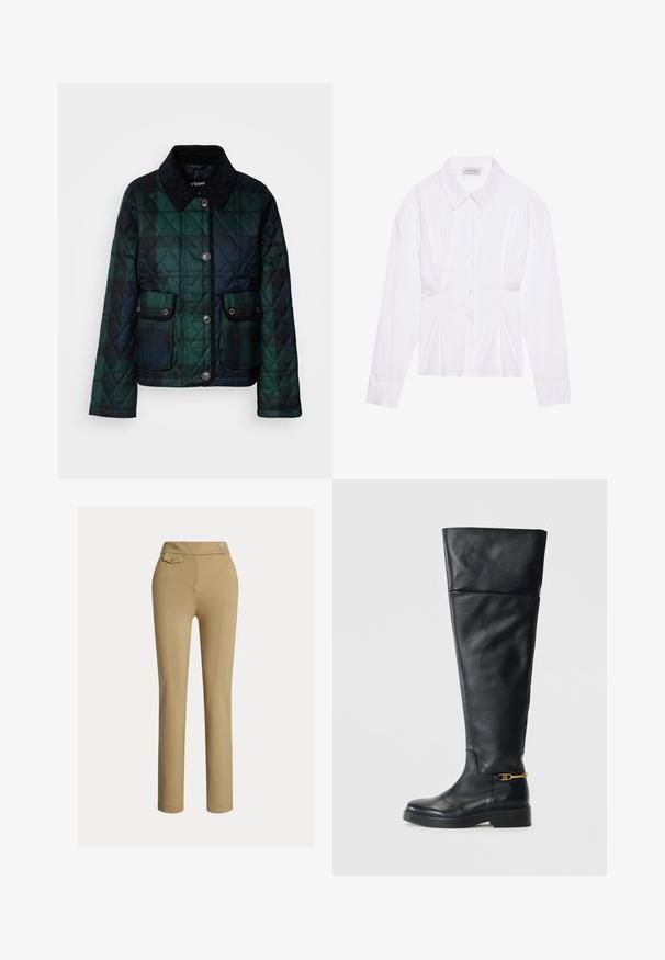 Gepolsterte Jacke in dunklen Grüntönen, mit Kragen, Knopfleiste und zwei Fronttaschen mit Druckknöpfen.; Weiße Bluse mit langen Ärmeln, klassischem Kragen, vorderer Knopfleiste und gerafftem Seitendetail. Glattes Material mit taillierter Form.; Beige Maßhose mit glatter Textur, hoher Taille, zwei dekorativen Knöpfen und einer einzelnen Gesäßtasche. Gerade Beinform.; Schwarze Lederstiefel über das Knie mit einem eleganten Design, abgerundeter Spitze, niedriger Plateausohle und goldenen Akzenten in der Nähe des Knöchels.