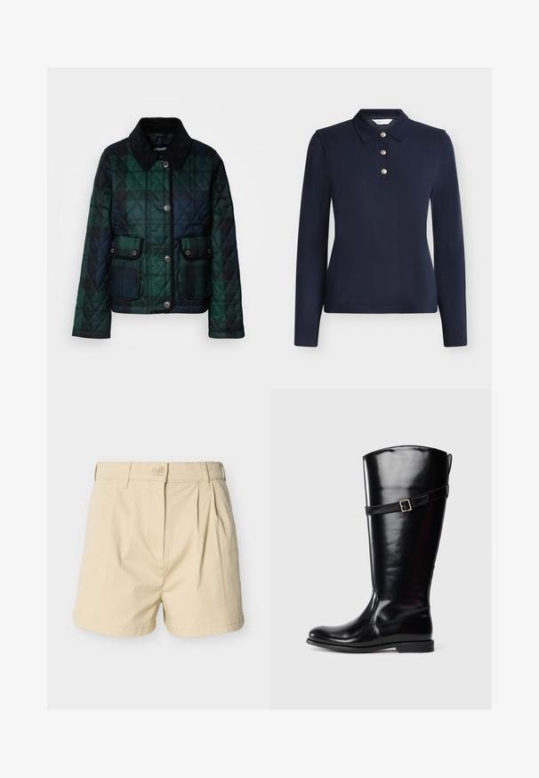 Gepolsterte Jacke in dunklen Grüntönen, mit Kragen, Knopfleiste und zwei Fronttaschen mit Druckknöpfen.; Marineblaues langärmliges Poloshirt mit drei goldenen Knöpfen und klassischem Kragen, gezeigt auf einem schlichten hellen Hintergrund.; Beige Shorts aus Baumwolle mit vorne gelegten Falten, einem Knopfverschluss und doppelt genähter Saumkante. Das Design zeichnet sich durch einen geraden Schnitt und Seitentaschen aus.; Hohe schwarze Lederstiefel mit niedrigem Absatz und dekorativem Riemen mit silberner Schnalle um die obere Wade.