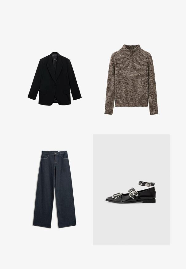 Blazer noir doté d'une fermeture à un bouton, de revers crantés, de deux poches avant et d'une doublure intérieure lisse. Conception ajustée avec manches longues.; Pull en tricot marbré marron et beige avec des manches longues et un col montant côtelé, présenté sur un fond blanc.; Jean denim bleu foncé à jambes larges avec bouton frontal, fermeture éclair, passants de ceinture et cinq poches sur fond blanc.; Chaussure plate noire à bout pointu avec trois sangles argentées à boucle, bride au niveau de la cheville avec œillets, et détail métallique au niveau de la zone des orteils.