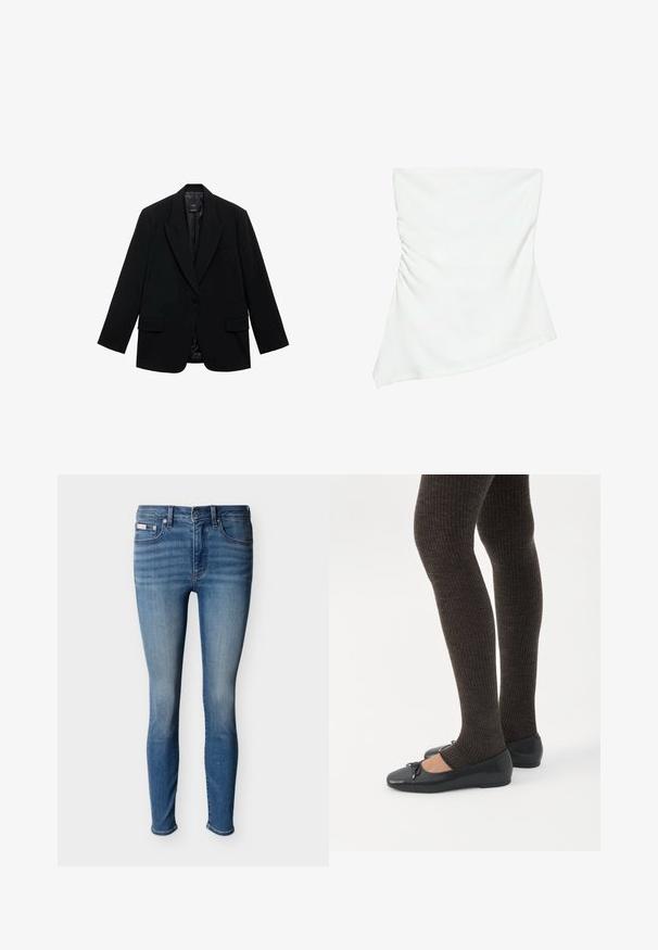 Sort blazer med enkelt knaplukning, hakkede reverser, to forlommer og en glat inderforing. Skræddersyet design med lange ærmer.; Hvid stropløs asymmetrisk top med let rynkedetalje på den ene side, figursyet stil, ren og minimalistisk design.; Blå denimjeans med slank pasform, der har fem lommer, lynlås og let falmet look for en brugt effekt. Mellem taljehøjde og standardkant.; Ben iført mørke ribbede leggings kombineret med sorte balletsko med små sløjfedetaljer på hvid baggrund.