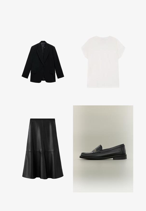 Schwarzer Blazer mit einem einzelnen Knopfverschluss, Revers mit Kerben, zwei Vorderaschen und einem glatten Innenfutter. Maßgeschneidertes Design mit langen Ärmeln.; Weißes Baumwoll-T-Shirt mit lockerer Passform, kurzen Ärmeln, Rundhalsausschnitt und geradem Saum. Glatte Textur, keine sichtbaren Muster oder Akzente.; Schwarzer Lederrock im A-Linien-Stil mit glatter Textur, knielangem Design und dezenten Nahtdetails für abwechslungsreiche visuelle Akzente.; Schwarzer Lederloafer mit genähter Spitze, niedrigem Absatz und kleinem goldenen Logo am Riemen, dargestellt auf neutralem Hintergrund.