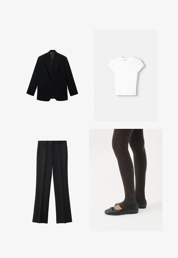 Blazer noir doté d'une fermeture à un bouton, de revers crantés, de deux poches avant et d'une doublure intérieure lisse. Conception ajustée avec manches longues.; T-shirt blanc à manches courtes en coton doux, avec un col rond et une coupe ajustée. Pas de motifs ni d'ornements visibles.; Pantalon formel noir droit avec pli devant, poches latérales et passants de ceinture, présenté sur fond blanc.; Jambes portant des leggings côtelés foncés associés à des ballerines noires avec de petits détails en nœud sur fond blanc.