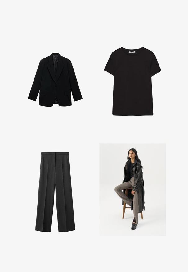 Blazer noir doté d'une fermeture à un bouton, de revers crantés, de deux poches avant et d'une doublure intérieure lisse. Conception ajustée avec manches longues.; T-shirt noir en coton à manches courtes avec encolure ronde, coupe standard et étiquette intérieure visible au niveau du col.; Pantalons larges gris foncé en tissu texturé, avec une taille plate, deux poches avant et des détails plissés.; Manteau trench en cuir noir avec des boutons et une ceinture, associé à un pantalon ajusté marron clair et des mocassins noirs, assis sur un tabouret en bois.
