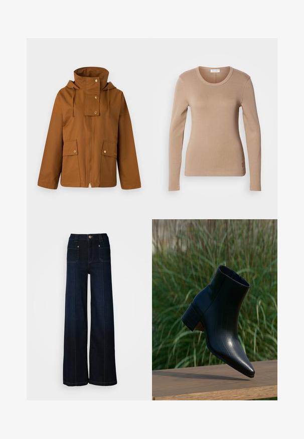 Bruine ritsjack met hoge kraag, trekkoordkap en twee voorzakken. Gemaakt van soepel materiaal met gouden hardware accenten.; Langwerpige top in lichtbeige, met een ronde halslijn en een slim fit. Gemaakt van zachte, rekbare stof met een subtiele textuur. Klein logo-detail op de zoom.; Lossere denim jeans in donkerblauw. Bevat voorzakken, goudkleurige hardware en contrasterende stiksels. Glad textuur met een casual ontwerp.; Zwarte leren enkellaars met puntige neus en blokhak rustend op houten oppervlak, hoge groene gras op de achtergrond.