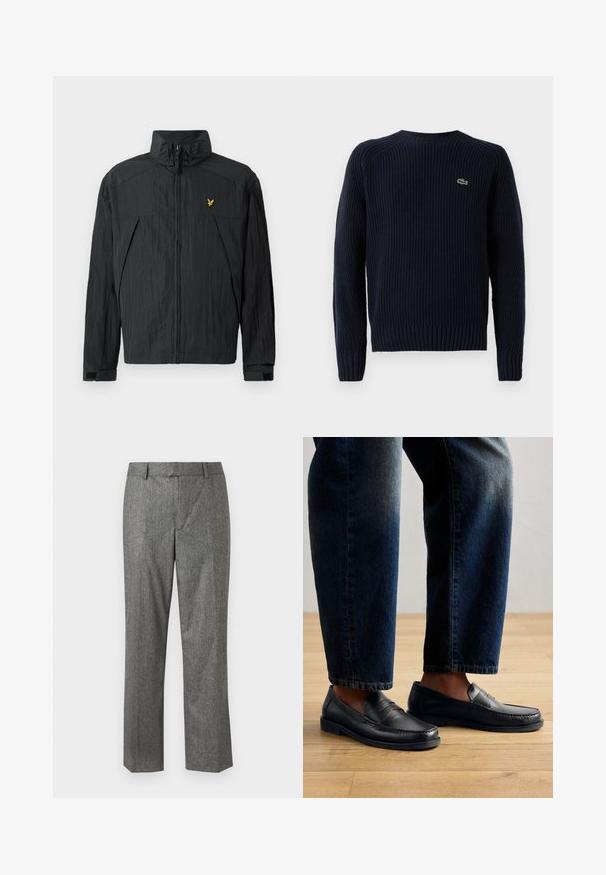 Zwarte lichte jas met een gerimpelde textuur, hoge kraag, ritssluiting aan de voorkant en een klein geel logo-accent op de borst.; Navykleurige gebreide trui met ribbeltextuur, ronde halslijn en lange mouwen. Kenmerkt zich door een klein groen logo op de bovenste linkerkant van de achterkant.; Grijze op maat gemaakte broeken van een textiele stof, met een rechte pijp, voorzakken en een vlakke tailleband. Geen zichtbare sluitingen.; Zwarte leren instappers met gestikte details en textuurelementen, gedragen met donkerdenim, die een casual en gestroomlijnd ontwerp tonen.