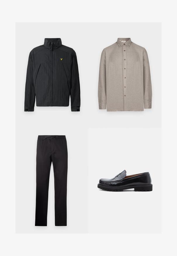 Sort let jakke med krøllet tekstur, høj krave, lynlås foran og en lille gul logodetalje på brystet.; Beige knap-up skjorte med et tekstureret mønster, lange ærmer og en spids krave med knapper på krave spidserne.; Sorte bukser med elastisk talje og snor. Har en glat tekstur og lige ben-design. Minimalistisk stil uden mønstre.; Sorte læder penny loafer med chunky gummisål og moc toe syninger, vist i profil på en hvid baggrund.