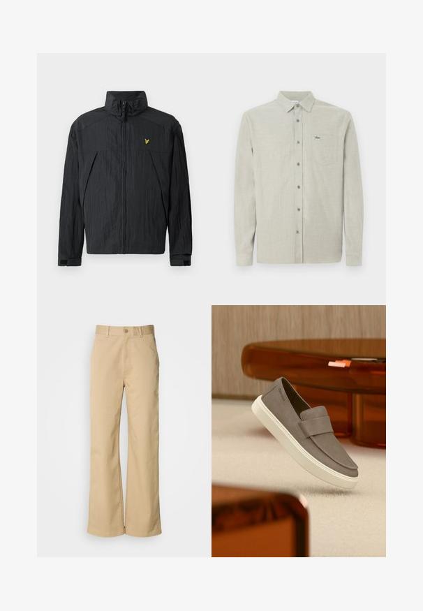 Zwarte lichte jas met een gerimpelde textuur, hoge kraag, ritssluiting aan de voorkant en een klein geel logo-accent op de borst.; Lichtbeige lange mouw knopshirt met kraag, borstzak met een klein groen krokodillenlogo.; Beige, wijde broek gemaakt van een katoenmix. Voorzien van een knoopsluiting en riemlussen. Soepele textuur, met minimale stikseldetails.; Grijze suède instapschoen met witte zool, zwevend boven een beige tapijt, met doorschijnend oranje meubilair op de achtergrond.