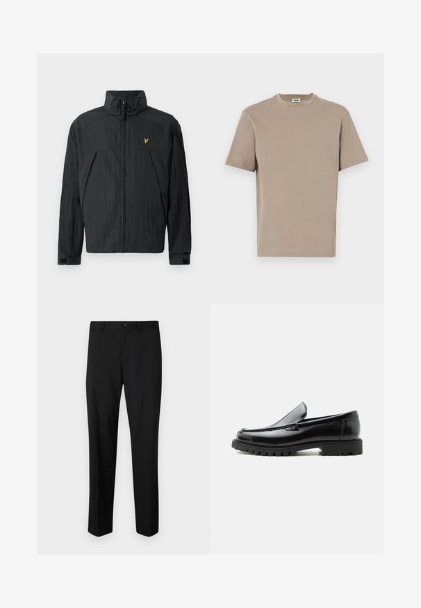 Sort let jakke med krøllet tekstur, høj krave, lynlås foran og en lille gul logodetalje på brystet.; Beige bomulds t-shirt med rund hals, korte ærmer og lige kant. Glat tekstur, minimalistisk design, ingen synlige grafik eller accenter.; Sorte skræddersyede bukser med flad front, standard talje og lige ben. Lavet af glat stof, med en enkelt knaplukning.; Sort læderloafer med chunky gummisål, syet overdel og præget mærkenavn på hælen, vist i sideprofil på hvid baggrund.