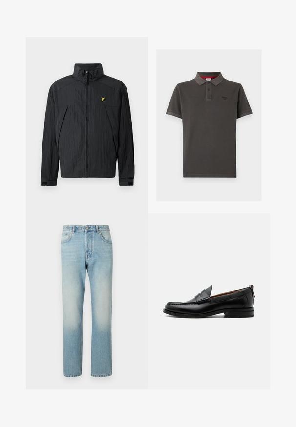 Zwarte lichte jas met een gerimpelde textuur, hoge kraag, ritssluiting aan de voorkant en een klein geel logo-accent op de borst.; Donkergrijs polo shirt van katoen, featuring een klassieke kraag, met twee knopen, korte mouwen en een klein logo op de borst.; Lichtblauwe jeans van denim, met een rechte pijpdesign, vijf zakken en een vervaagde was-effect op de dijen.; Zwarte leren herensloffen met moc toe stiksel, pennyriem, gestructureerde kraag en lage gestapelde hak op witte achtergrond.