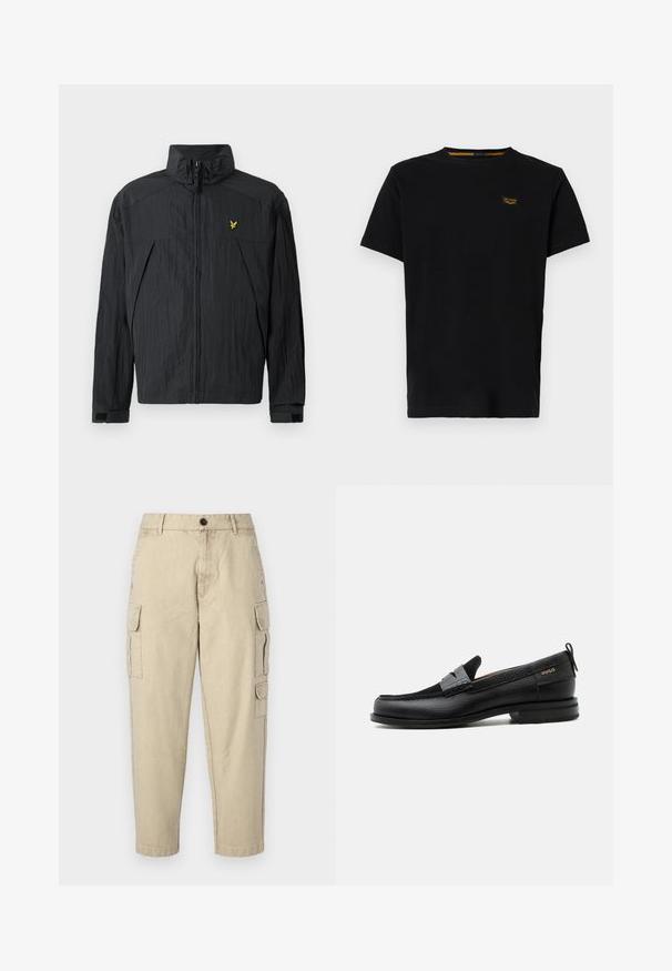 Zwarte lichte jas met een gerimpelde textuur, hoge kraag, ritssluiting aan de voorkant en een klein geel logo-accent op de borst.; Zwarte katoenen T-shirt met korte mouwen, ronde hals en een klein merkpatch in contrasterend geel op de linkerborst.; Beige cargobroek gemaakt van zachte stof, met zijzakken, een knoopsluiting en een tapered leg ontwerp.; Zwarte leren loafer met grijs riemdetailelement, lage hak en gestructureerde zool, aan de zijkant gebrandmerkt met "HUGO" in goud.