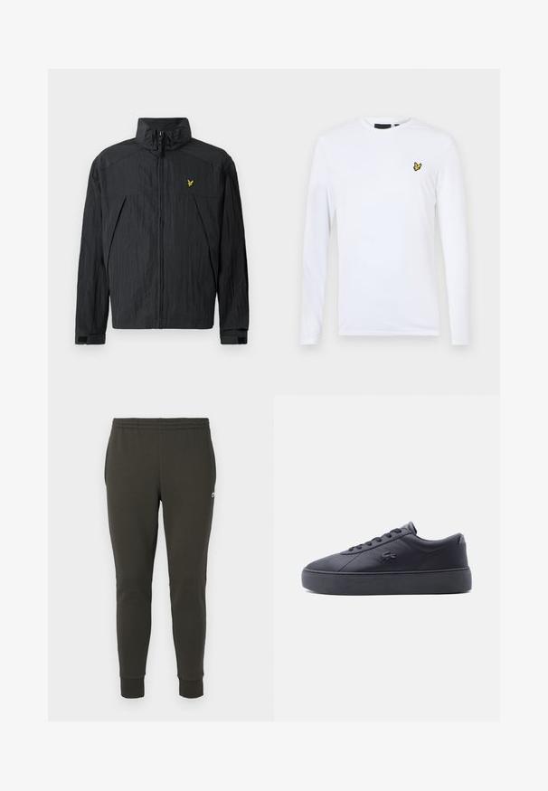 Zwarte lichte jas met een gerimpelde textuur, hoge kraag, ritssluiting aan de voorkant en een klein geel logo-accent op de borst.; Witte langemouwhemd van katoen met een klein geel geborduurd logo op de linkerborst. Eenvoudig ontwerp met een ronde hals.; Donkergroene joggingsbroek van zacht stof, met een elastische tailleband, geribde boorden en een klein logo op de zijkant.; Zwarte leren lage sneaker met dikke zool, veters aan de voorkant en krokodillenlogo aan de zijkant, gezien vanaf de buitenkant.