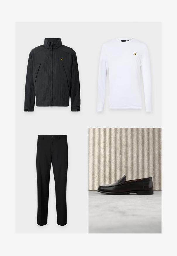 Zwarte lichte jas met een gerimpelde textuur, hoge kraag, ritssluiting aan de voorkant en een klein geel logo-accent op de borst.; Witte langemouwhemd van katoen met een klein geel geborduurd logo op de linkerborst. Eenvoudig ontwerp met een ronde hals.; Zwarte op maat gemaakte broek met een platte voorkant, standaard taille en rechte pijpen. Gemaakt van een gladde stof, met een enkele knoopsluiting.; Zwarte leren penny loafer met lage hak, afgeronde neus en gestikte details langs de voorkant en zijkanten, afgebeeld op een neutrale achtergrond.