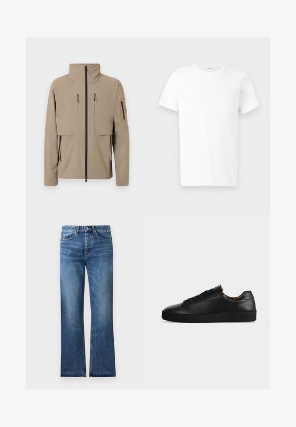Veste beige à col montant avec fermeture éclair noire à l'avant, deux poches verticales zippées sur la poitrine, poches zippées sur les côtés et poche zippée sur la manche gauche.; T-shirt en coton blanc uni à manches courtes avec col rond, présenté à plat sur un fond gris clair.; Jean en denim bleu avec une coupe droite, cinq poches, fermeture par bouton et zip, et légère décoloration sur les cuisses et les genoux.; Basket basse en cuir noir avec lacets noirs, semelle en caoutchouc texturée et petit logo embossé sur le côté, présenté de profil sur fond gris.