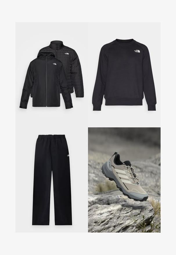 To sorte jakker stablet: den ene er en pufferjakke med høj krave, den anden er en let jakke med hætte og lynlåslukning.; Sort sweatshirt med ribbet rund hals, lange raglanærmer og et lille hvidt logo på venstre bryst. Lavet af blødt, holdbart stof.; Sorte bukser med elastik i taljen og lige ben, med lille hvidt logo på øverste højre lår, vist fladt på lys baggrund.; Lysegrå og sorte Adidas Terrex vandresko svævende i luften over stenet terræn med små planter i udendørsmiljø.
