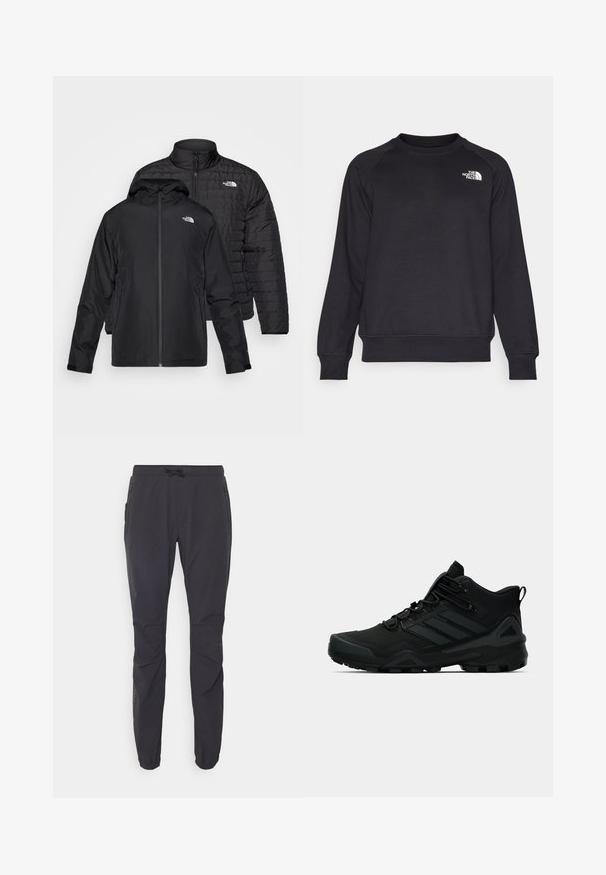Twee zwarte jassen gestapeld: de ene is een puffy, gewatteerde jas met een hoge kraag; de andere is een lichtgewicht jas met een capuchon en ritssluiting.; Zwarte sweatshirt met geribde ronde hals, lange raglanmouwen en een klein wit logo op de linkerborst. Gemaakt van zachte, duurzame stof.; Zwarte, lichte outdoorbroek met een elastische tailleband, trekkoordsluiting en twee zijzakken met rits. Gemaakt van ademend materiaal.; Zwarte hoge wandelschoen met gestructureerde zool, veters aan de voorkant en merkzijden strepen op een effen lichte achtergrond.