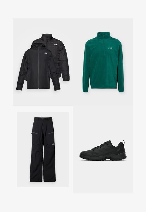 To sorte jakker stablet: den ene er en pufferjakke med høj krave, den anden er en let jakke med hætte og lynlåslukning.; Tealgrøn fleecepullover med lange ærmer, kvart lynlås og Adidas-logo på venstre bryst, ensfarvet baggrund.; Sorte udendørsbukser med justerbart bælte, to lynlåslommer på lårene og The North Face-logo på højre ben.; Sort atletiksko med tekstureret overdel, forstærket tå, robust ydersål og en trækflig ved hælen for nem påtagning.