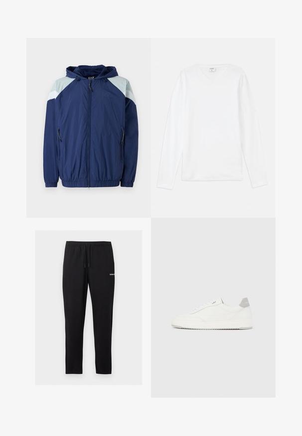 Marineblå vindjakke med lyseblå detaljer, elastiske manchetter, justerbar hætte og lynlåslommer; har et struktureret, let materiale.; Hvid langærmet T-shirt med V-udskæring, lavet af blødt materiale, med en afslappet pasform og sideslids for nem bevægelse.; Sorte, slanke joggingbukser med elastisk taljebånd, snøre, manchetter ved anklerne og lille hvidt logo på højre lår.; Hvid lavtop-sneaker med gråt hælflig, hvide snørebånd og tekstureret sål, vist på en ensfarvet lys baggrund.