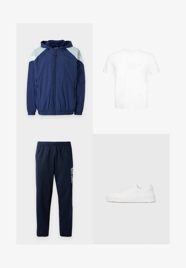 Marineblå vindjakke med lyseblå detaljer, elastiske manchetter, justerbar hætte og lynlåslommer; har et struktureret, let materiale.; Hvid T-shirt med korte ærmer og rund hals med lille broderet "ck" logo på venstre bryst.; Marineblå sweatpants med elastisk talje, tætsiddende ben og et hvidt logo på siden. Glat stof med en let tekstur.; Hvid sneaker med en glat læderoverdel, rund tå, snørebånd, teksturerede sideaccenter og en tyk gummisål. Minimalistisk design.