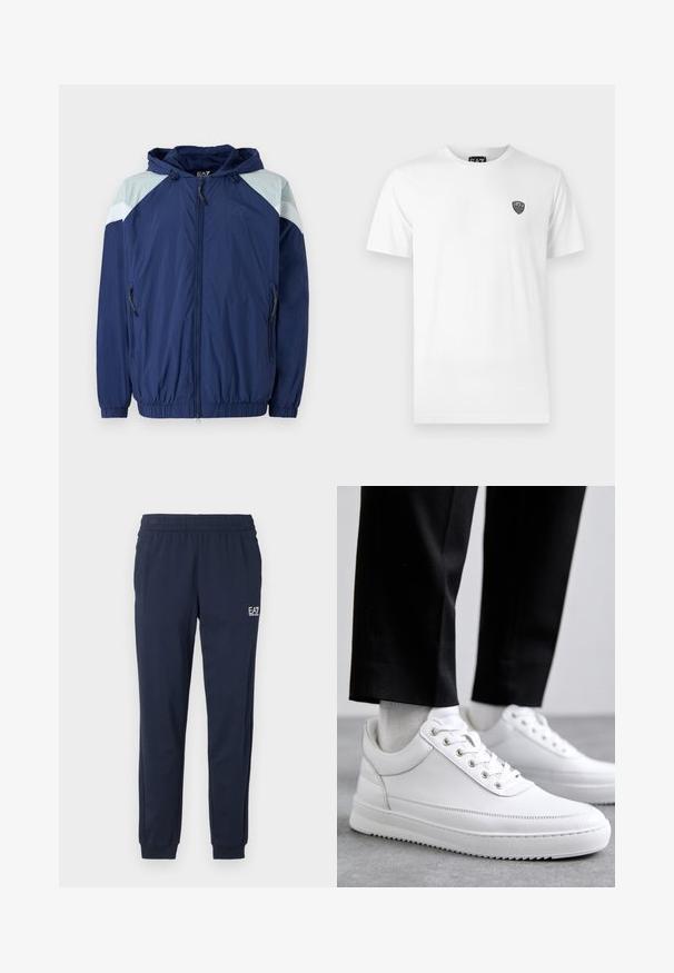 Marineblå vindjakke med lyseblå detaljer, elastiske manchetter, justerbar hætte og lynlåslommer; har et struktureret, let materiale.; Hvid bomuld t-shirt med korte ærmer, der har et lille sort logo på venstre brystområde. Klassisk crew neck design.; Mørkeblå sweatpants med elastisk talje og manchetter. Har et lille hvidt logo på venstre ben. Fremstillet af et blødt, strækbart materiale.; Hvide lædersneakers med en flad gummisål, der har en glat overflade, rund tå og metaløjer til snørebånd. Bæret med sorte bukser.