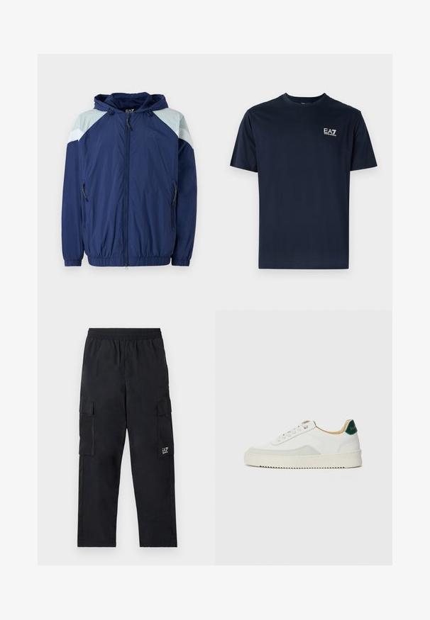 Marineblå vindjakke med lyseblå detaljer, elastiske manchetter, justerbar hætte og lynlåslommer; har et struktureret, let materiale.; Mørkeblå bomulds t-shirt med korte ærmer, rund udskæring og EA7-logo i hvid på øverste venstre side. Glat tekstur, afslappet design.; Sorte cargo bukser med elastisk talje, sidelommer og et lille logo på venstre ben. Fremstillet af let, glat stof.; Hvide sneakers med ruskindsdetaljer, rund tå, flade snørebånd og en cremet gummisål. Har grøn branding på hælen.