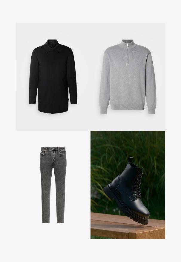 INDICODE JEANS Manteau court - black; Sweat à zip gris avec un col haut, des manches longues et des poignets côtelés. Tissu tricoté avec une texture subtile et un petit logo sur la poitrine.; Jean denim noir délavé slim avec cinq poches, passants de ceinture et fermeture par boutons à la taille, présenté face à un fond blanc.; Bottine en cuir noir avec un bout rond, un laçage sur le devant et une semelle épaisse à bords crantés. Dispose d'une languette au col pour faciliter l'enfilage.