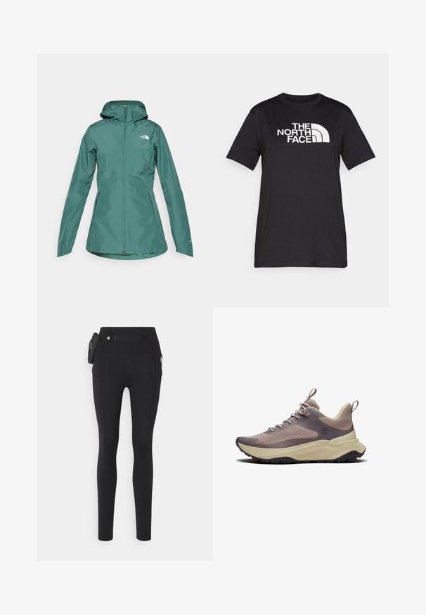 Teal vandtætsjakke med hætte, fuld lynlås og to sidelommer. Har et logo på brystet og er lavet af et glat, let materiale.; Sort bomulds-T-shirt med en stor hvid "THE NORTH FACE"-logo over brystet og rund halsudskæring. Korte ærmer, afslappet pasform.; Sorte leggings lavet af strækbart stof, med en høj talje, sidelommer, en lynlås-lomme og et aftageligt bælte med hardware-detaljer.; Lysebrun og beige atletiksneaker med strikket overdel, polstret sål, sort slidbane og træktabs på tung og hæl.